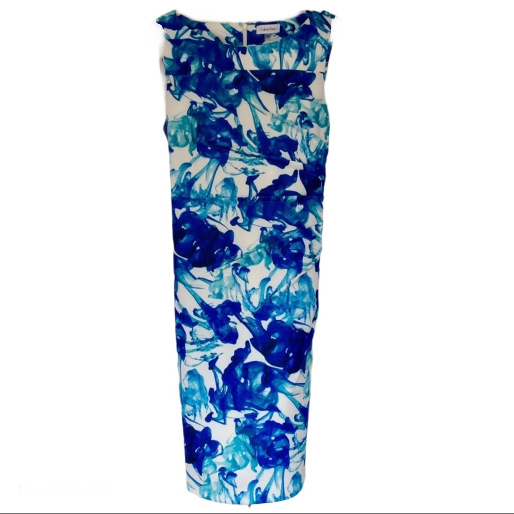 Calvin Klein Strapless Blue and White Floral Sheath Dress